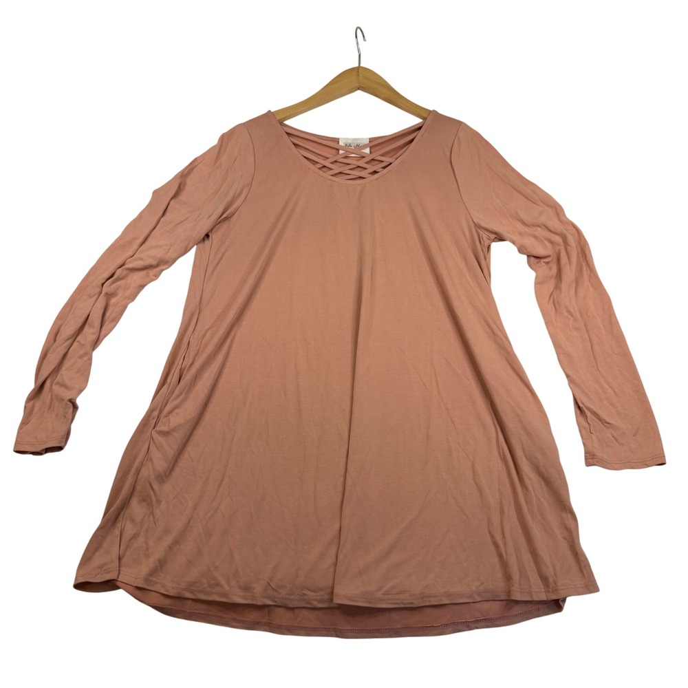Ella Mara Women Dusty Rose Lattice Neck Long Sleeve Tunic Top Pocket Large T1561